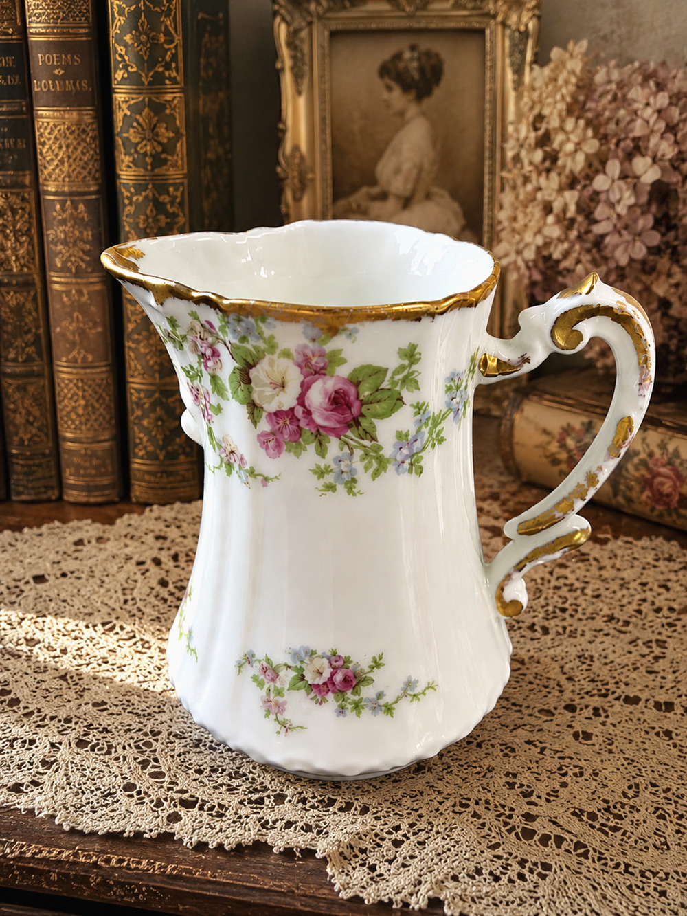 Antique Elite Works Limoges France Floral Gold Gilt Porcelain Creamer Pink Roses